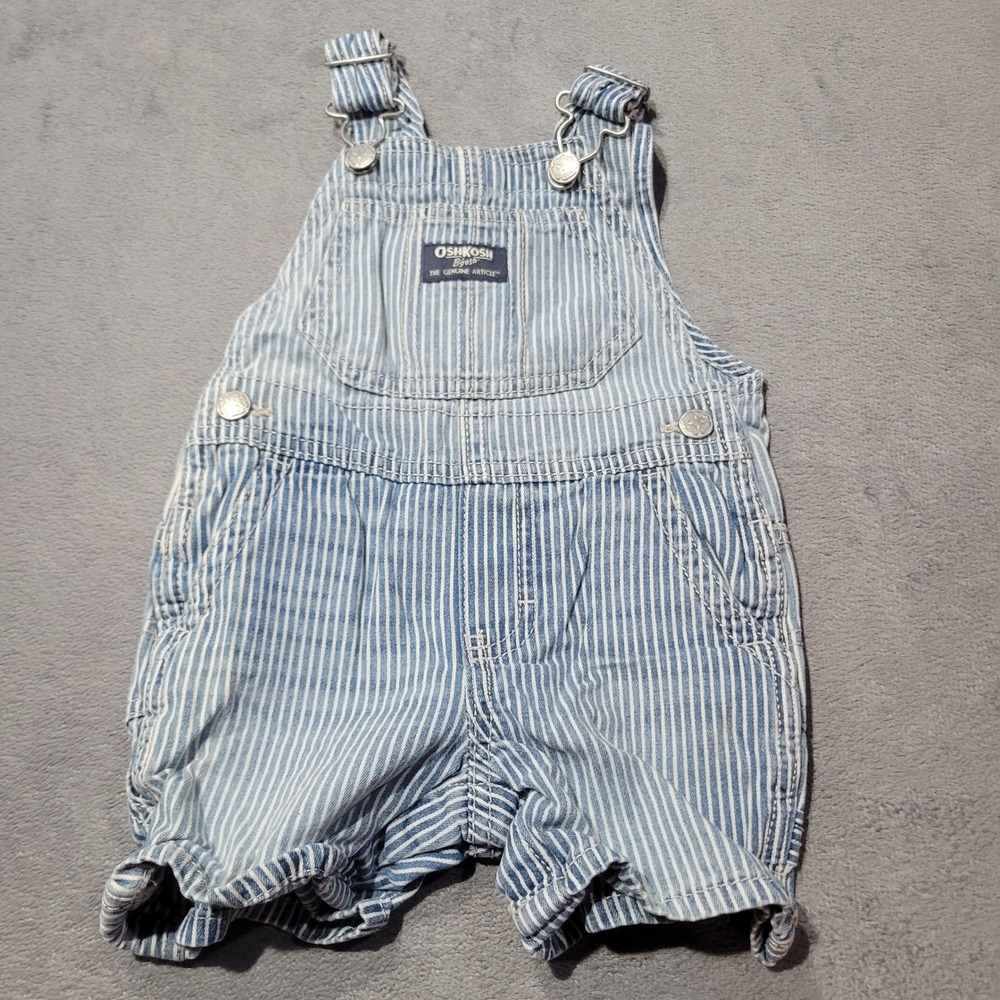 OshKosh B'gosh Overalls Baby 12M Blue Hickory Railroad Stripe Denim Shortalls